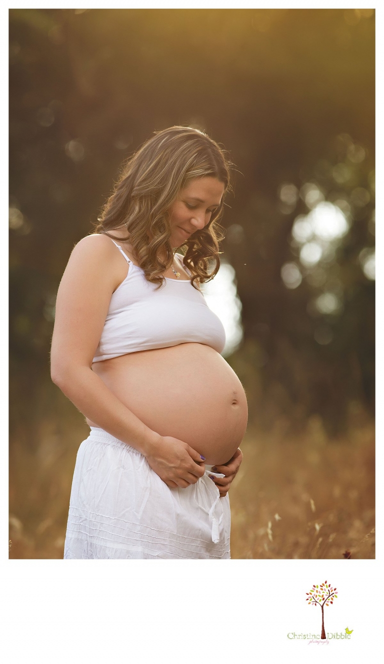 Sonora maternity photography session by Christine Dibble Photography shows a pregnant woman in golden sunflare.