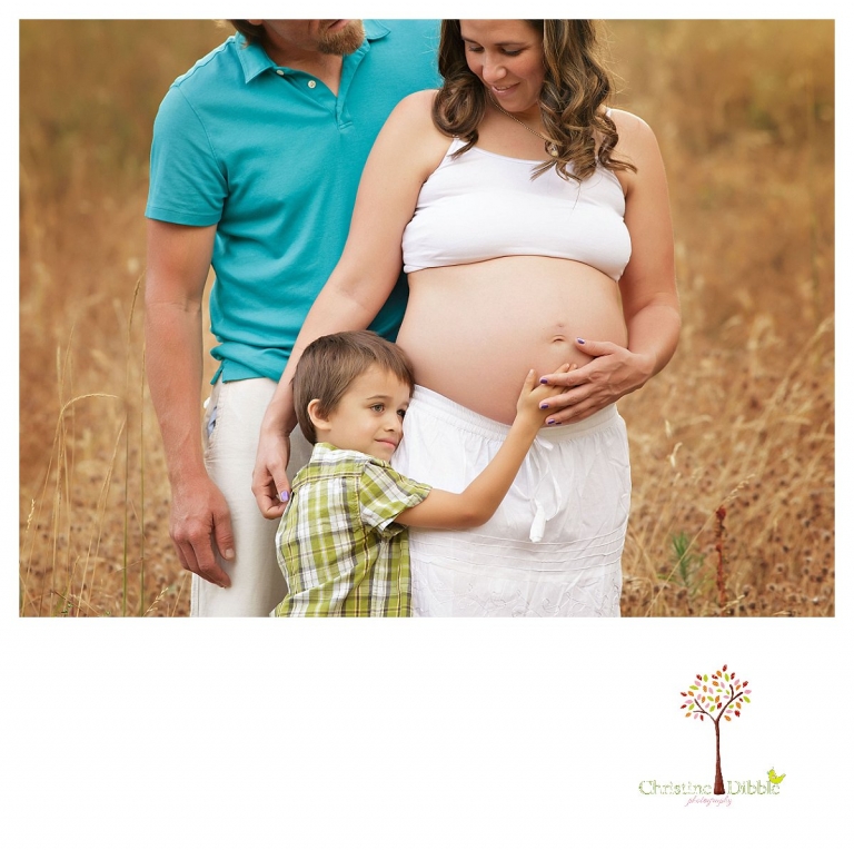 Sonora maternity photography session by Christine Dibble Photography shows big brother hugging mom's pregnant belly during a family portrait.