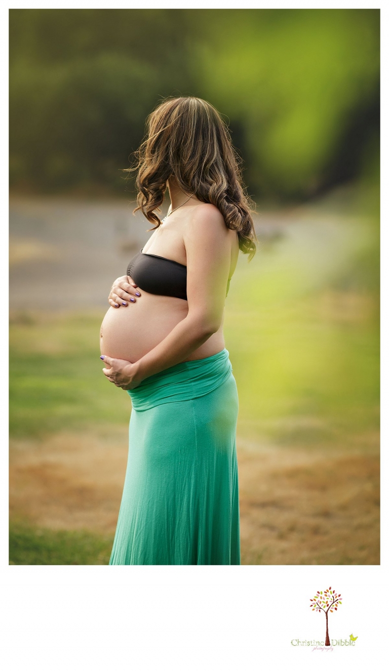 Sonora maternity photography session by Christine Dibble Photography shows a pregnant woman looking away while holding her baby bump.