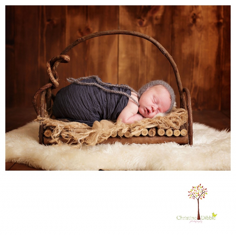 Christine Dibble Photography takes Sonora newborn photography portraits of babies sleeping on wooden props with layers and mohair bonnets.