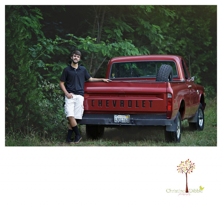 Sonora and Summerville senior portrait photographer Christine Dibble Photography takes senior portraits of a boy at Twain Harte Tree Farm with his Chevy parked in the tree field.