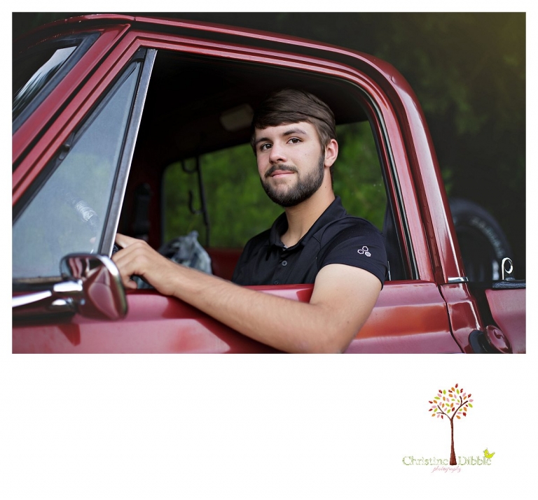 Sonora and Summerville senior portrait photographer Christine Dibble Photography takes senior portraits of a boy at Twain Harte Tree Farm as he looks out the window of his truck.