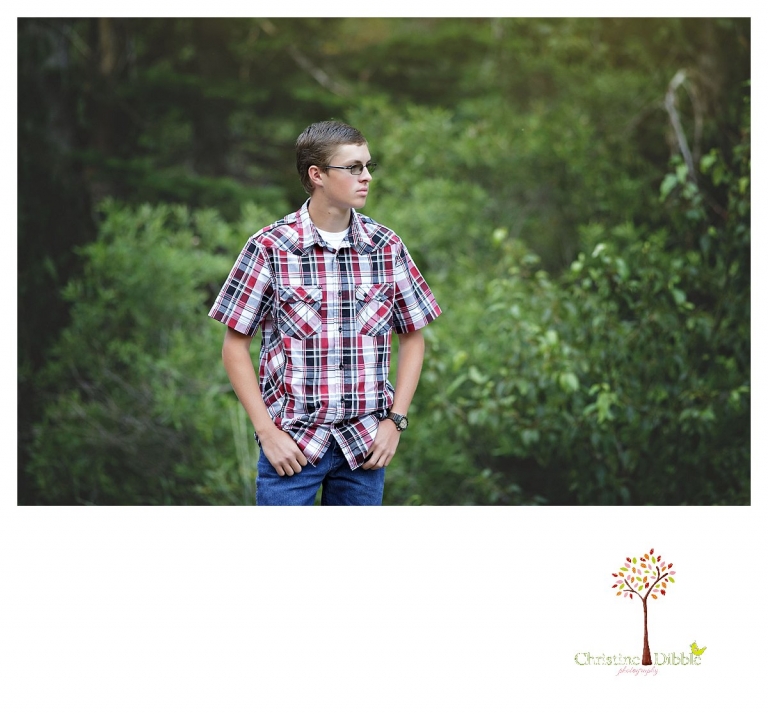 Christine Dibble Photography, Summerville and Sonora senior portrait photographer, takes photos of a boy with green Aspen trees behind him by a river.