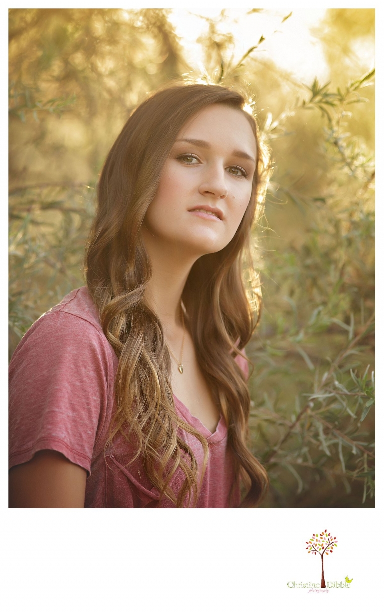 Summerville and Sonora senior portrait photographer Christine Dibble Photography takes photos of a senior girl with backlighting and bushes behind her.