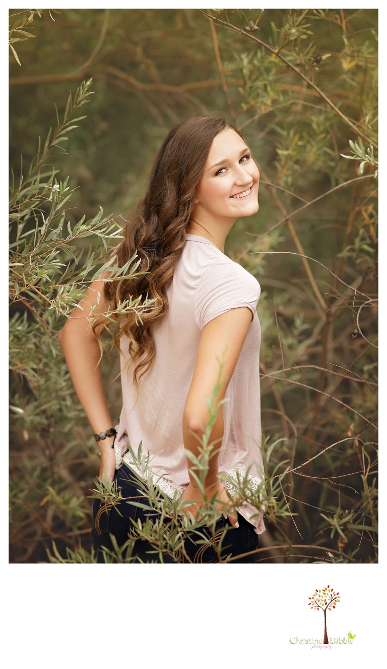Summerville and Sonora senior portrait photographer Christine Dibble Photography takes photos of a senior girl among silver green leaves.