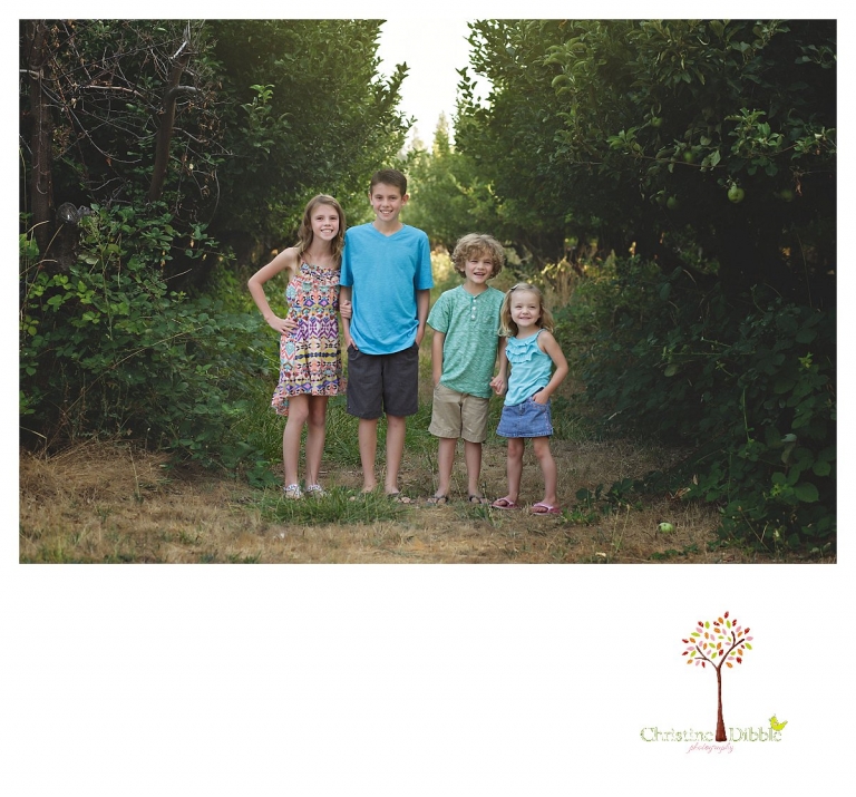Sonora family photographer Christine Dibble Photography takes portraits of two sets of siblings among the trees in the Indigeny orchard.