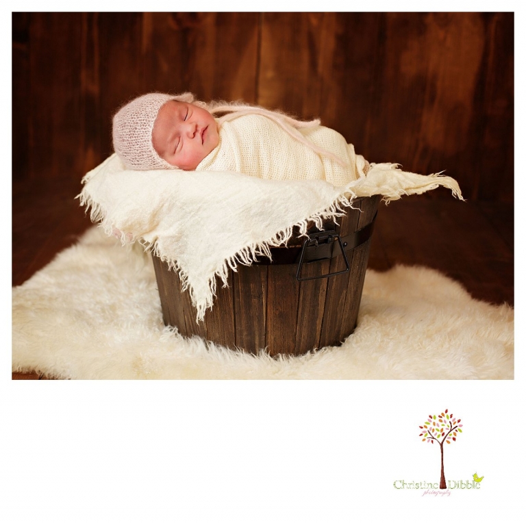Newborn photography by Sonora photographer Christine Dibble Photography includes studio sessions with posed and prop images like this newborn baby girl in a mohair bonnet sleeping in a bucket.