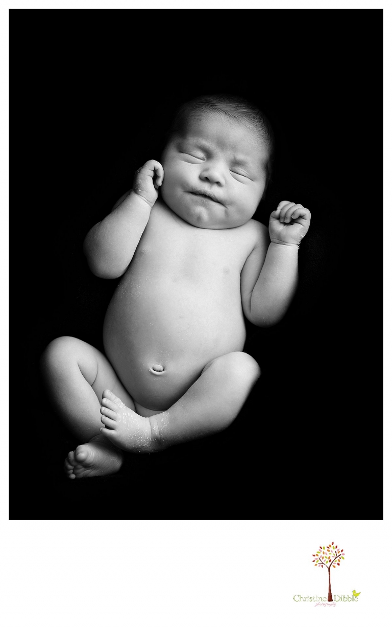 Newborn photography by Sonora photographer Christine Dibble Photography includes studio sessions with posed and prop images and baby on black womb-like shots.