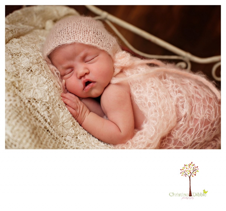 Newborn photography by Sonora photographer Christine Dibble Photography includes studio sessions with baby posed on antique linens while wearing and wrapped in mohair.