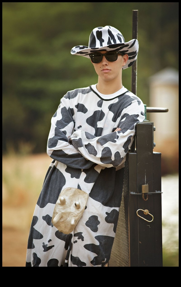 A senior boy from Summerville High dresses as a cow for a silly photo during a senior portrait session with Christine Dibble Photography of Sonora.