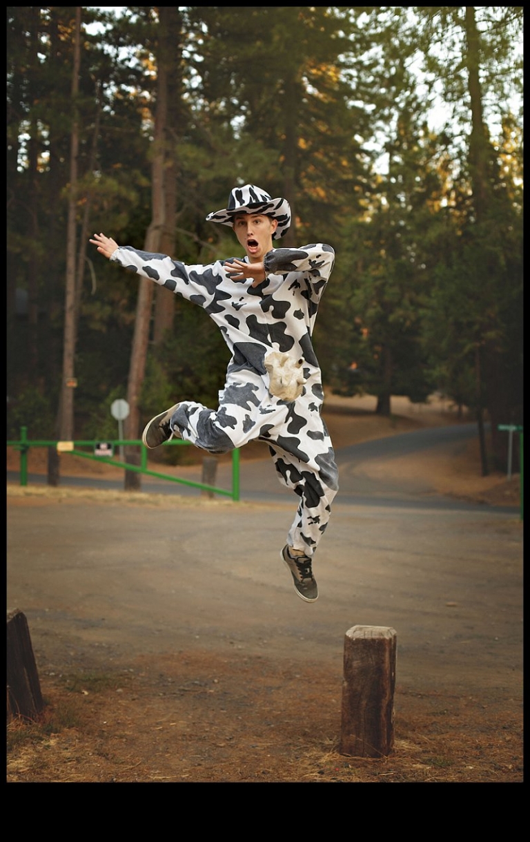 A senior boy in a cow costume jumps from a post during a senior portrait session with Christine Dibble Photography of Sonora.