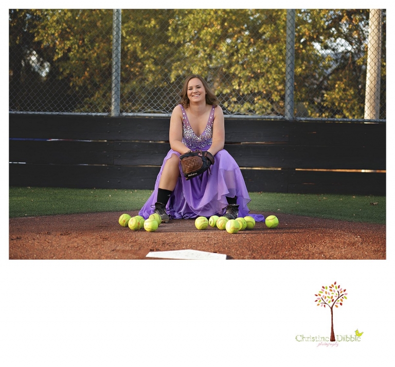 Summerville and Sonora senior portrait photographer Christine Dibble Photoraphy takes portraits of a softball pitcher in a formal purple gown and cleats.