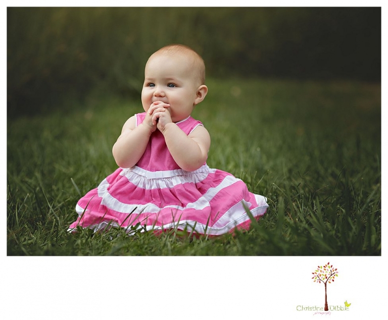 Sonora family photographer Christine Dibble Photography takes six month baby girl  photos at a family portrait session at Twain Harte Tree Farm.