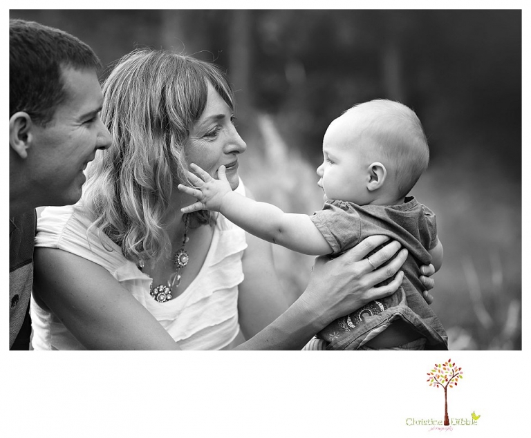 Sonora family photographer Christine Dibble Photography takes photos of a baby girl reaching for mom at a family portrait session at Twain Harte Tree Farm.
