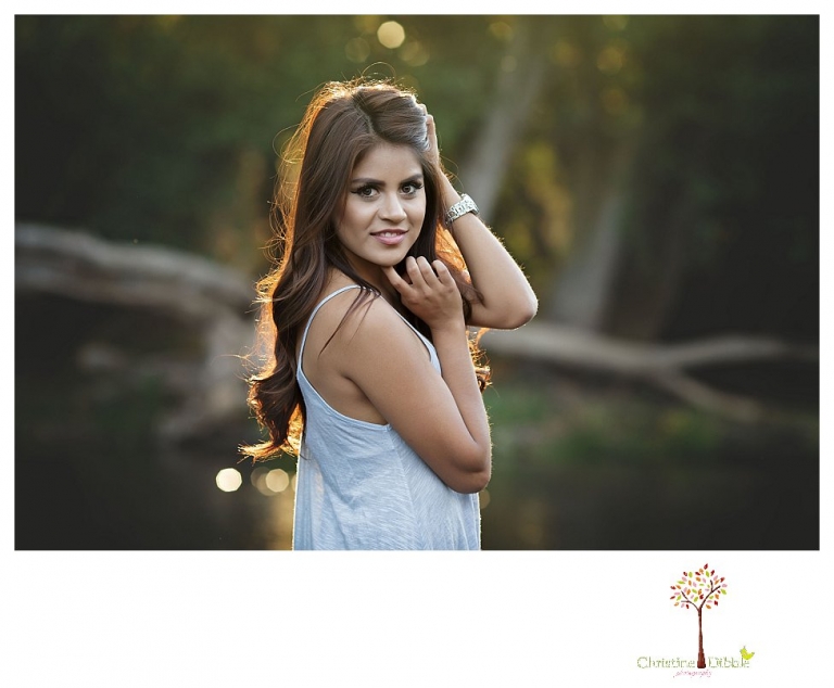 Sonora senior portrait photographer Christine Dibble Photography takes senior portraits of a beautiful Gustine High School Class of 2016 senior at Knights Ferry in the river.