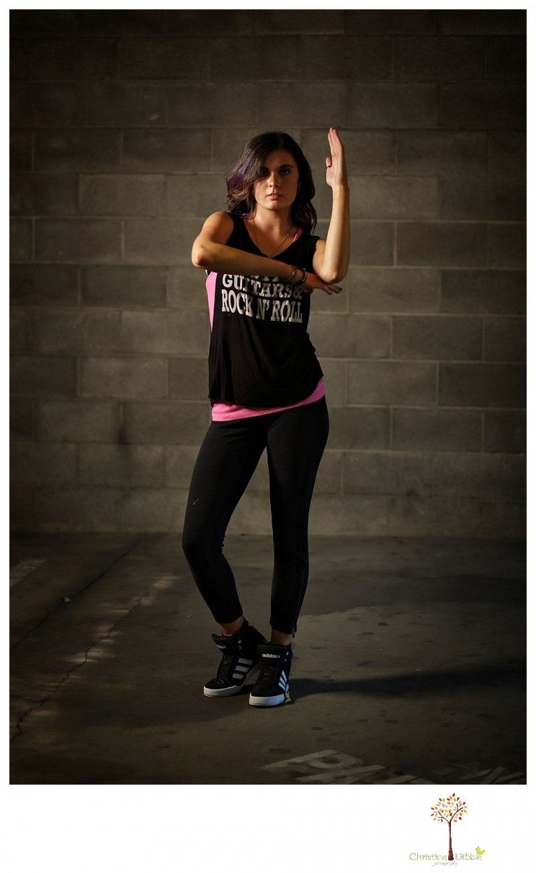 Sonora photographer Christine Dibble Photography takes a Summerville High senior's portraits in the downtown Sonora parking garage with a dance inspired theme.