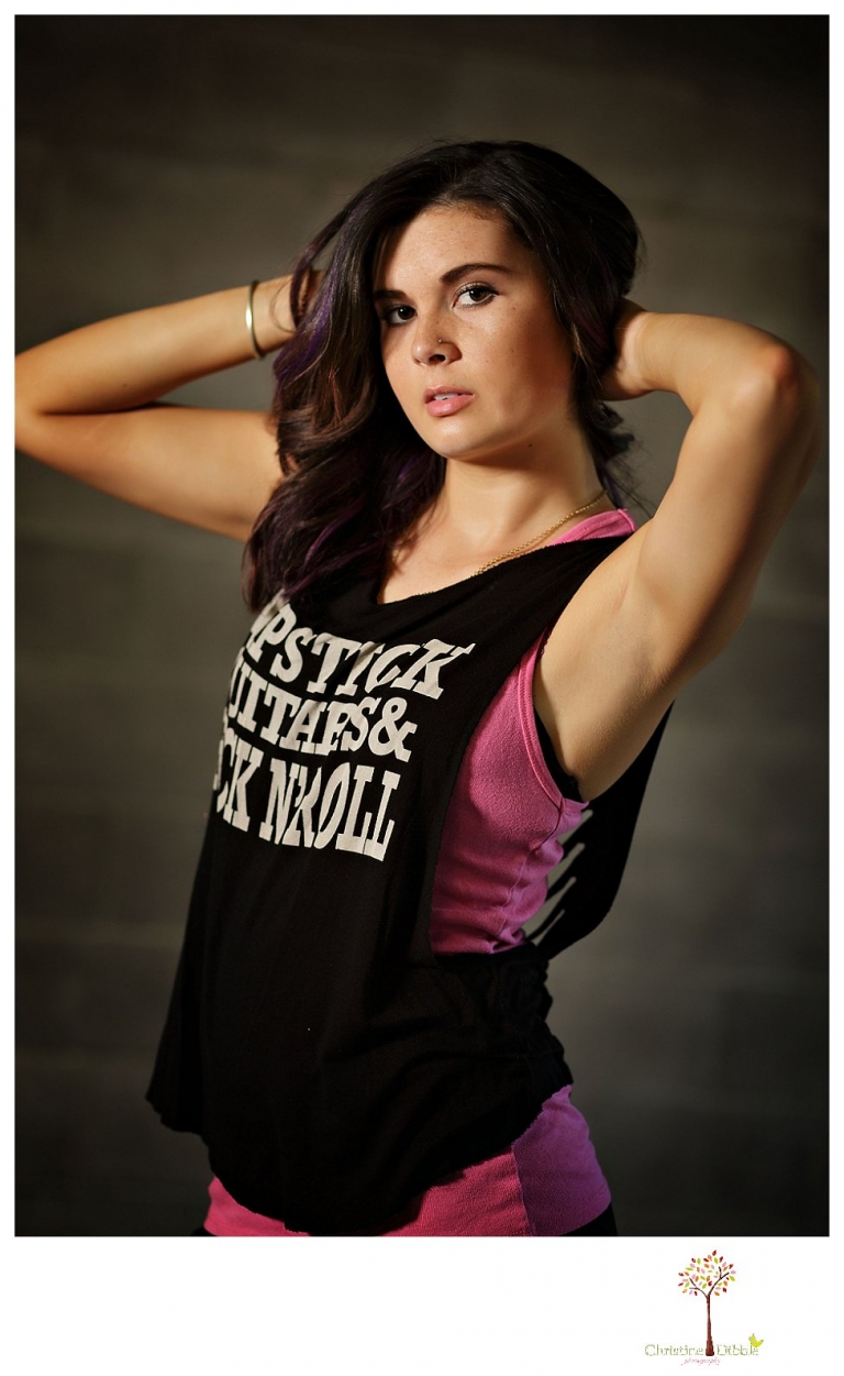 Sonora photographer Christine Dibble Photography takes a Summerville High senior's portraits in the downtown Sonora parking garage with a dance inspired theme.