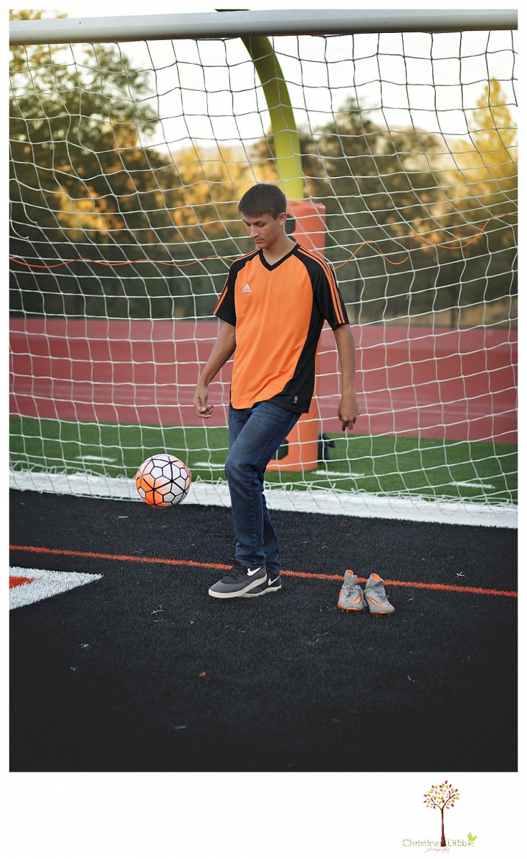 Summerville senior portrait photographer, Christine Dibble Photography of Sonora takes senior portraits of a senior boy in casual and dress clothes and in his soccer uniform on the Summerville soccer field.