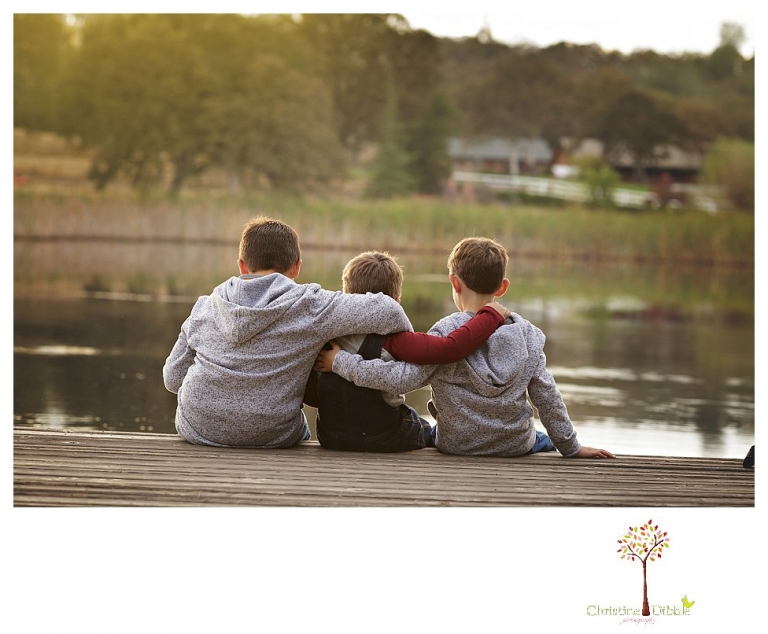 Sonora family photographer Christine Dibble Photography takes family portraits in Angels Camp of a family with three boys on private property with olive trees and a pond.