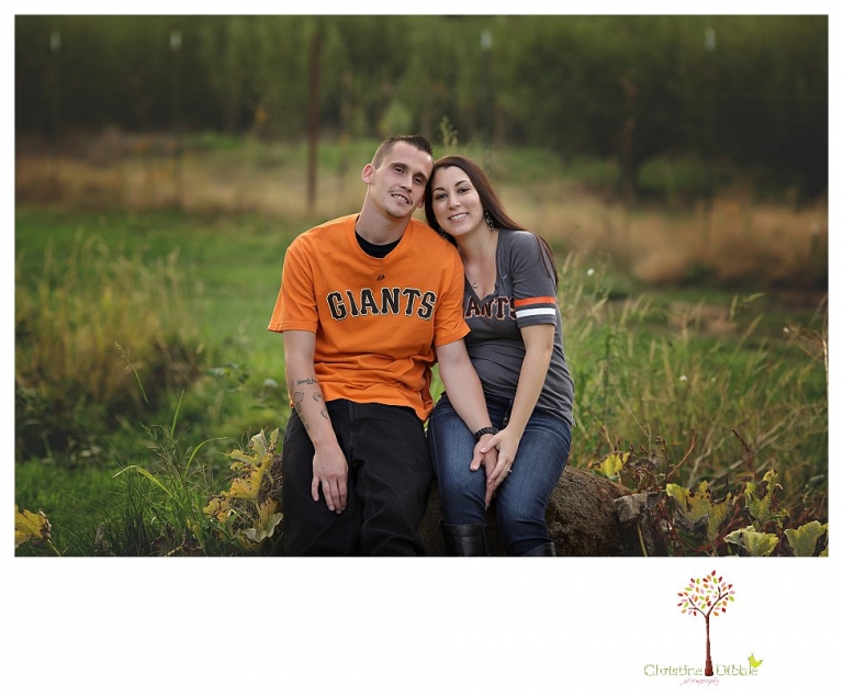 Sonora engagement and wedding photographer Christine Dibble Photography takes engagement photos of a couple while the groom is on crutches for a broken foot and they both wear San Francisco Giants baseball shirts.