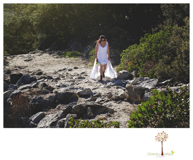 Sonora and Pinecrest wedding photographer Christine Dibble Photography takes wedding photos at a Pinecrest elopement including the bride hiking up the aisle.