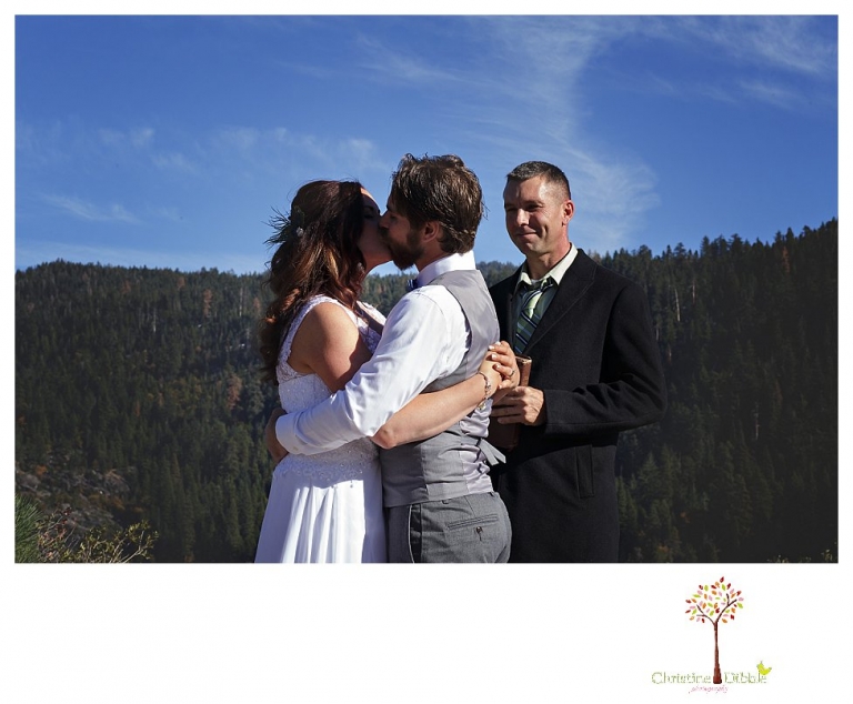 Sonora and Pinecrest wedding photographer Christine Dibble Photography takes wedding photos at a Pinecrest elopement including the first kiss.