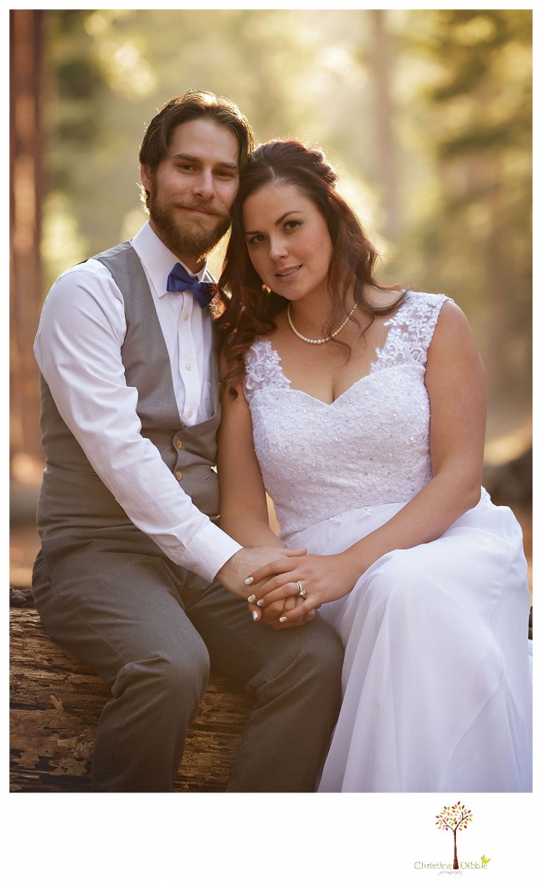 Sonora and Pinecrest wedding photographer Christine Dibble Photography takes wedding photos at a Pinecrest elopement includingof the bride and groom in golden sunlight treaming through the woods.