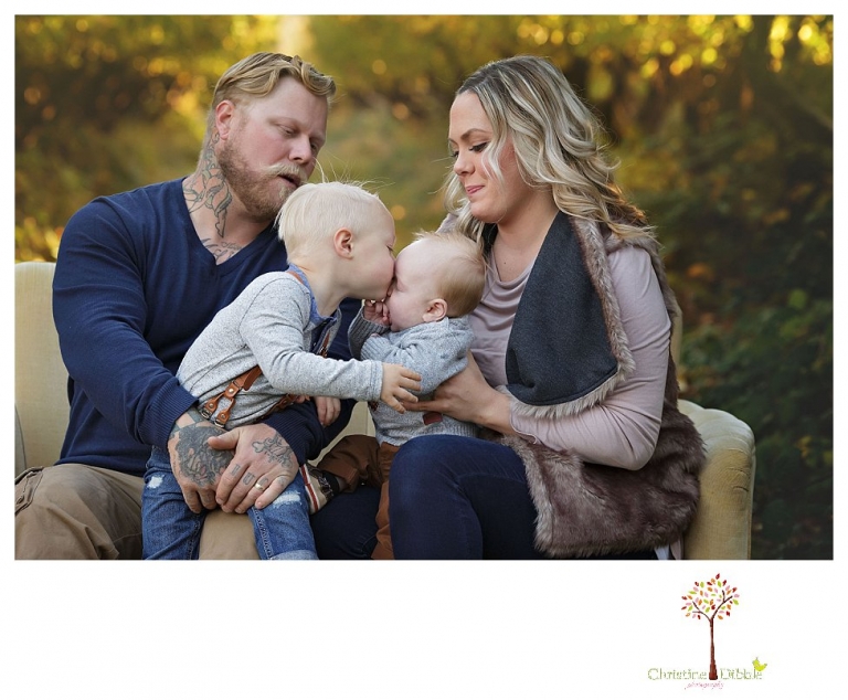 Sonora Family Photographer Christine Dibble Photography takes extended Fall family photos at Indigeny Reserve on a cream velvet loveseat sitting in the apple orchard.