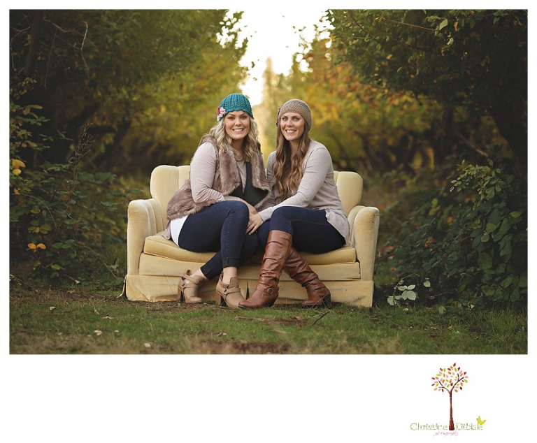 Sonora Family Photographer Christine Dibble Photography takes extended Fall family photos at Indigeny Reserve on a cream velvet loveseat sitting in the apple orchard.