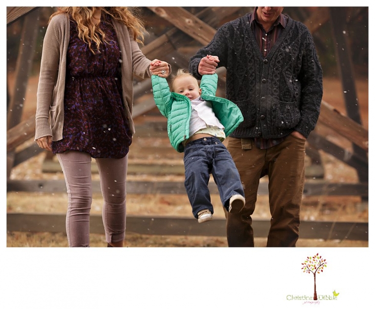 Sonora Family Photographer Christine Dibble Photography takes family portraits of an extended family on Thanksgiving weekend in a field in Twain Harte in snow flurries.