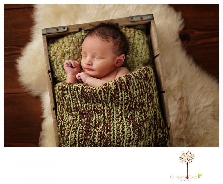 Sonora Newborn Photographer Christine Dibble Photography takes newborn portraits with a hunting camoflage theme including trophy antlers, a vintage wooden shot box and furs.