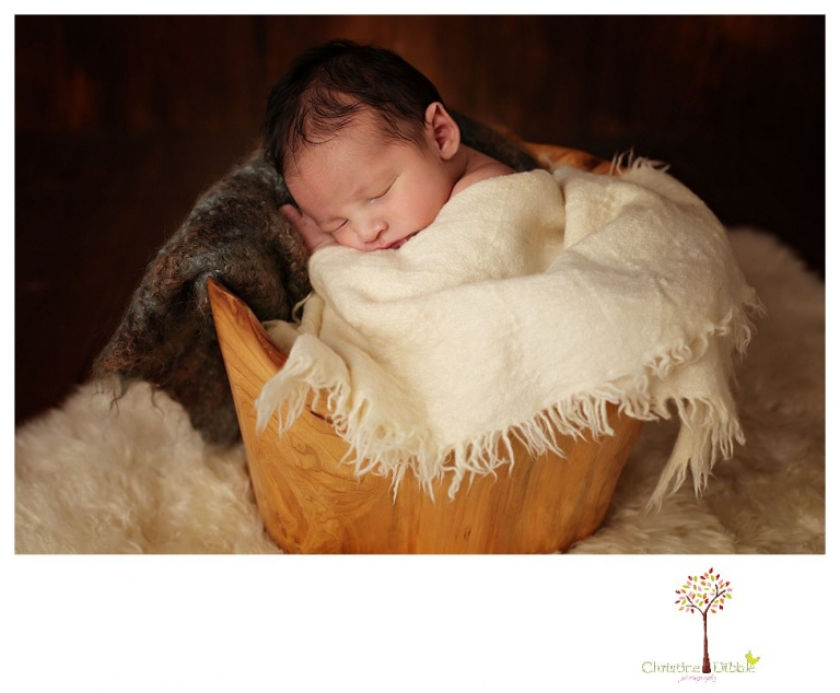 Sonora Newborn Photographer Christine Dibble Photography takes newborn portraits with a hunting camoflage theme including trophy antlers, a vintage wooden shot box and furs.