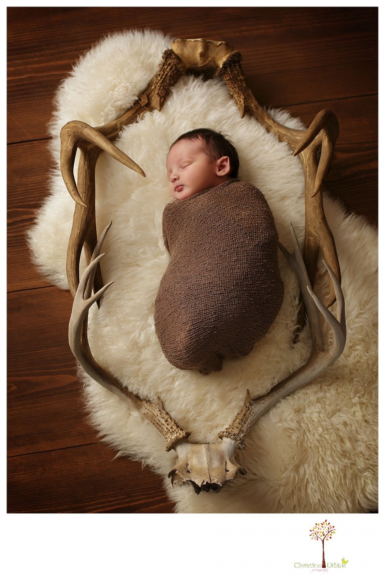 Sonora Newborn Photographer Christine Dibble Photography takes newborn portraits with a hunting camoflage theme including trophy antlers, a vintage wooden shot box and furs.