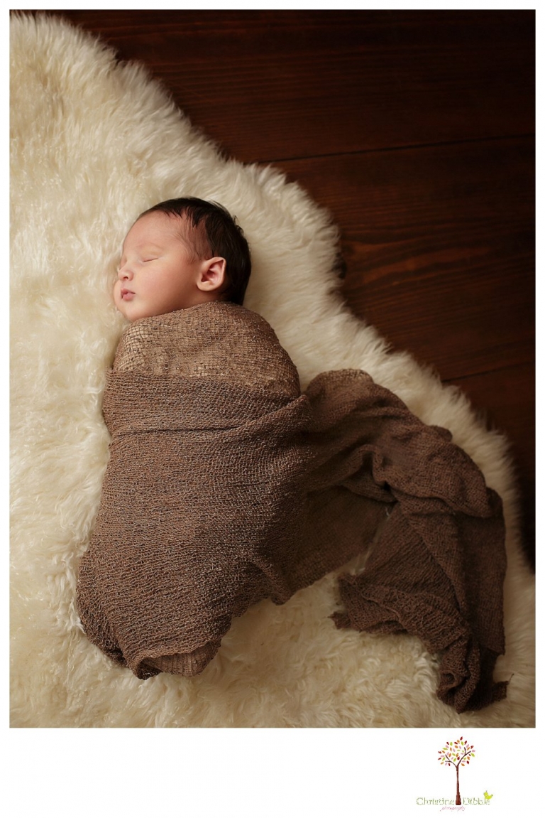 Sonora Newborn Photographer Christine Dibble Photography takes newborn portraits with a hunting camoflage theme including trophy antlers, a vintage wooden shot box and furs.