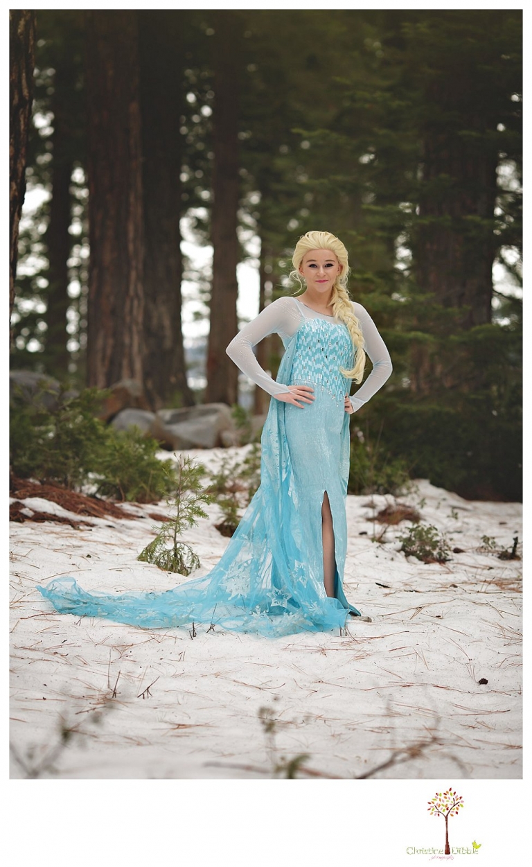 Sonora teen photographer Christine Dibble Photography takes snowy Elsa winter portraits to advertise for Fairytales and Friends.