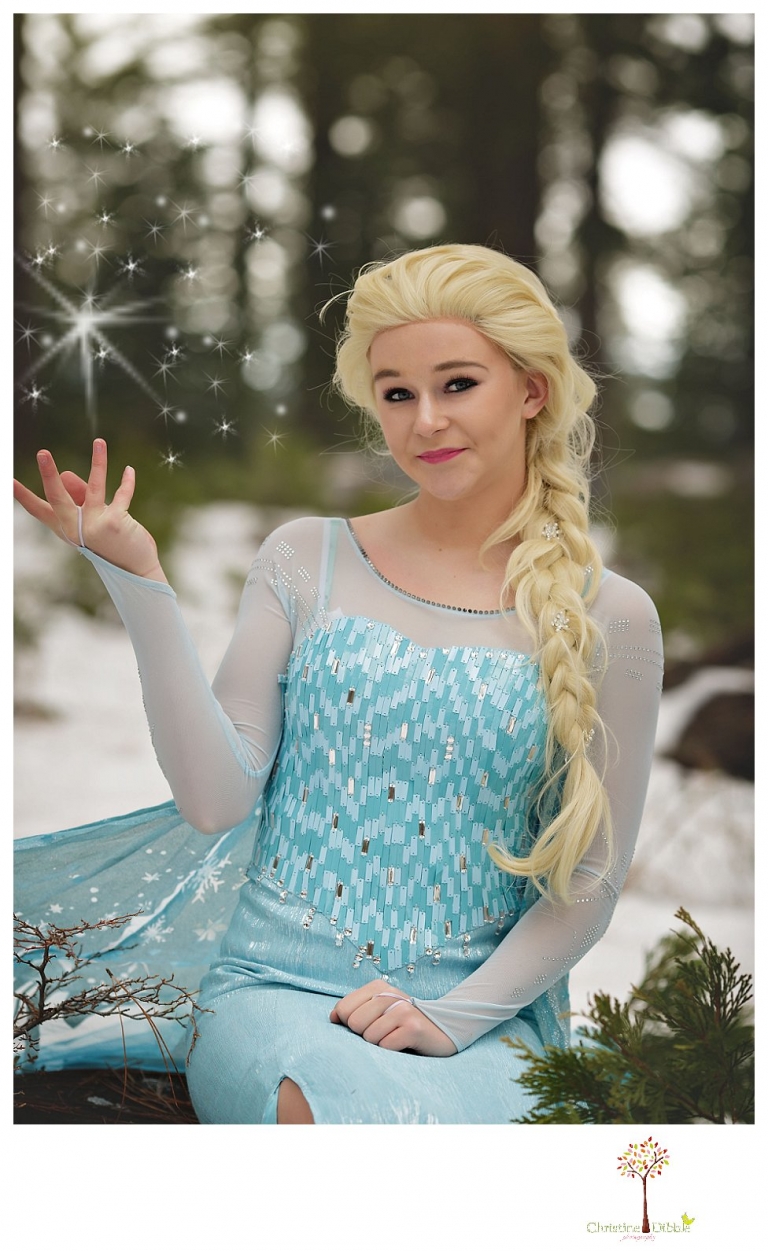 Sonora teen photographer Christine Dibble Photography takes snowy Elsa winter portraits to advertise for Fairytales and Friends.