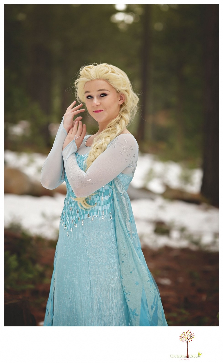 Sonora teen photographer Christine Dibble Photography takes snowy Elsa winter portraits to advertise for Fairytales and Friends.