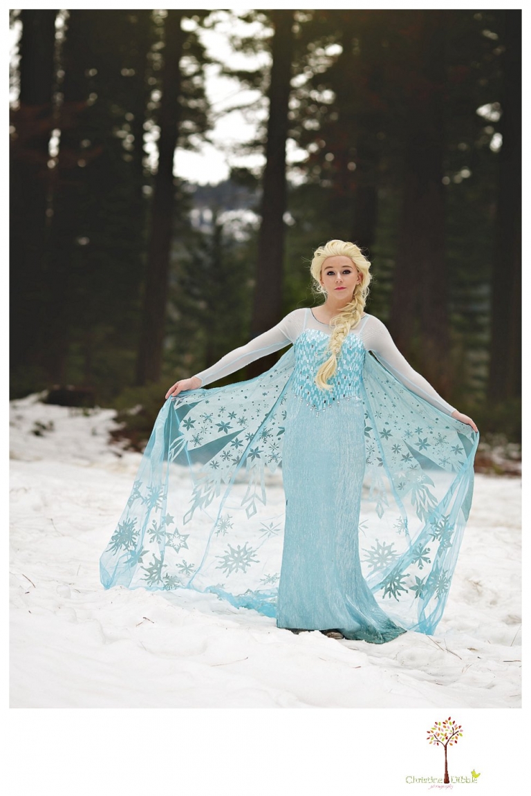 Sonora teen photographer Christine Dibble Photography takes snowy Elsa winter portraits to advertise for Fairytales and Friends.