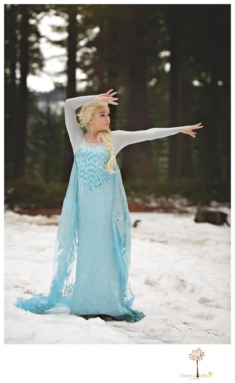 Sonora teen photographer Christine Dibble Photography takes snowy Elsa winter portraits to advertise for Fairytales and Friends.