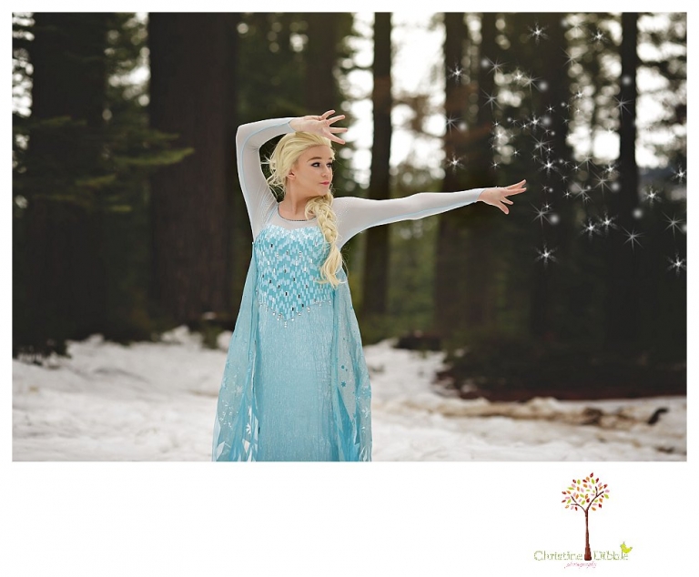 Sonora teen photographer Christine Dibble Photography takes snowy Elsa winter portraits to advertise for Fairytales and Friends.