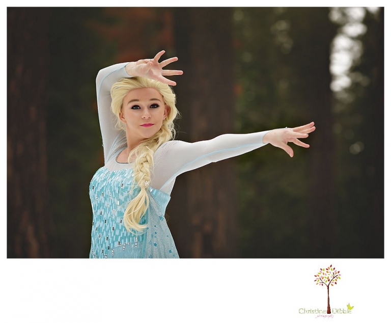 Sonora teen photographer Christine Dibble Photography takes snowy Elsa winter portraits to advertise for Fairytales and Friends.