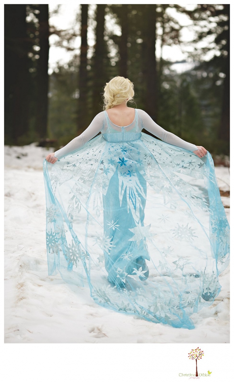 Sonora teen photographer Christine Dibble Photography takes snowy Elsa winter portraits to advertise for Fairytales and Friends.