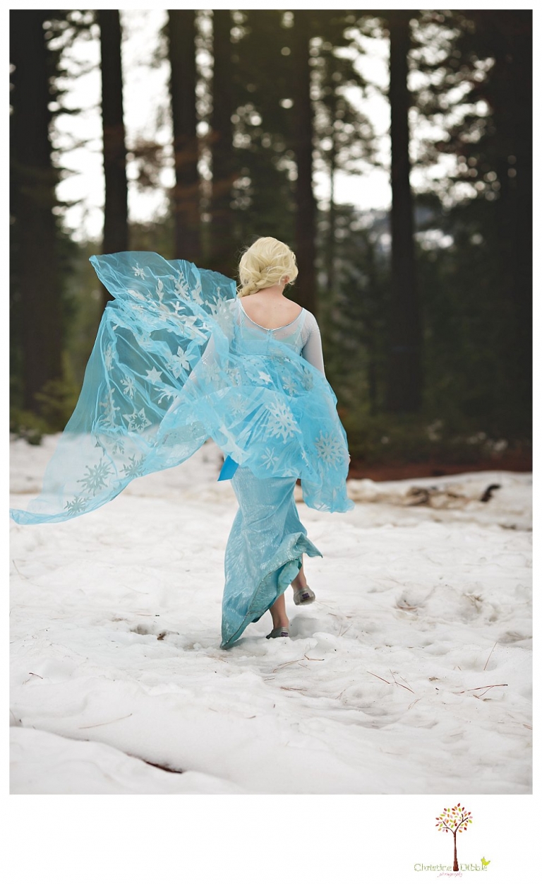 Sonora teen photographer Christine Dibble Photography takes snowy Elsa winter portraits to advertise for Fairytales and Friends.