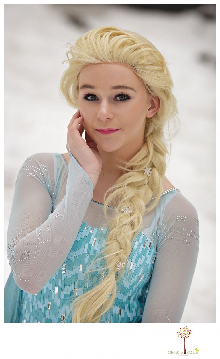 Sonora teen photographer Christine Dibble Photography takes snowy Elsa winter portraits to advertise for Fairytales and Friends.