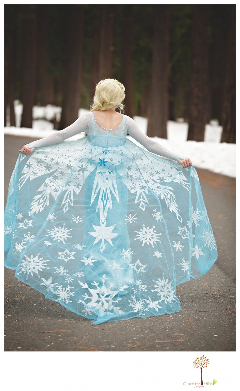 Sonora teen photographer Christine Dibble Photography takes snowy Elsa winter portraits to advertise for Fairytales and Friends.