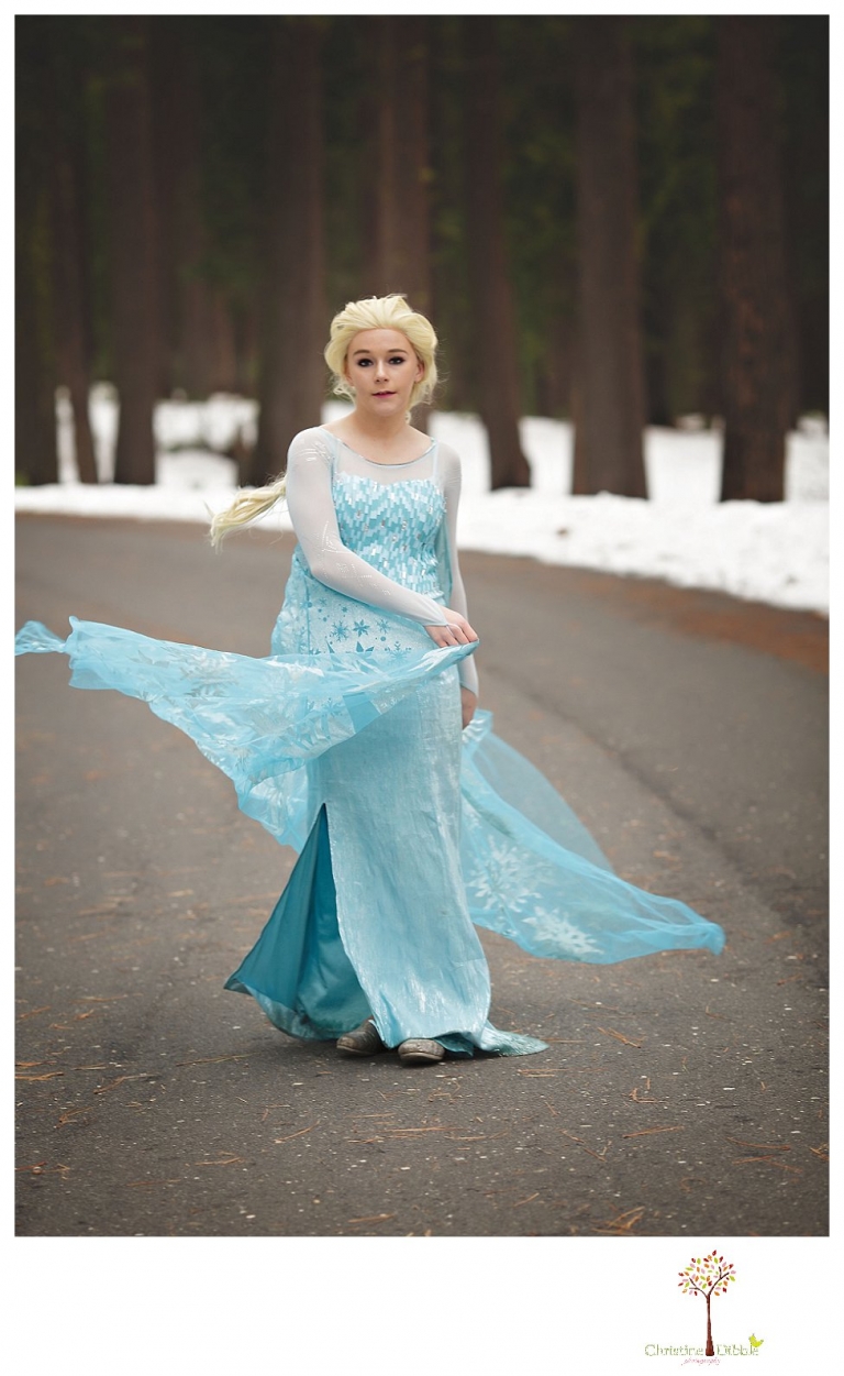 Sonora teen photographer Christine Dibble Photography takes snowy Elsa winter portraits to advertise for Fairytales and Friends.