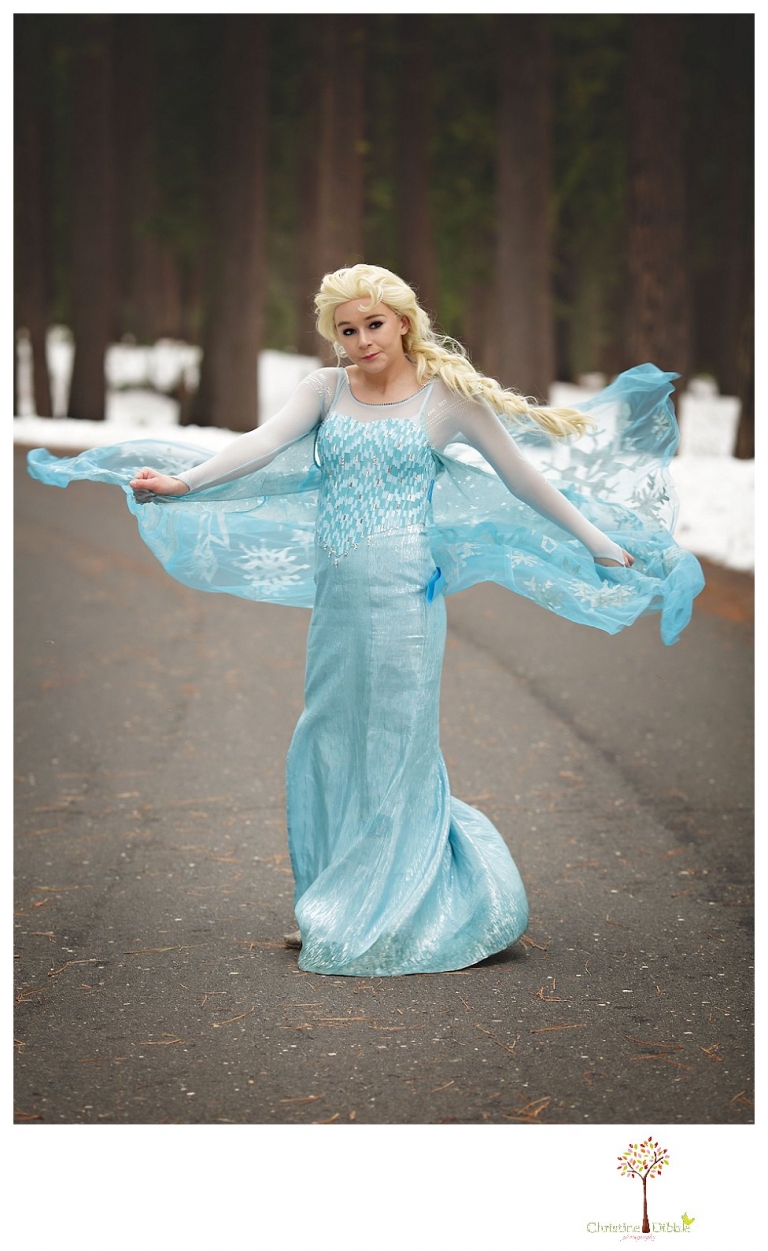 Sonora teen photographer Christine Dibble Photography takes snowy Elsa winter portraits to advertise for Fairytales and Friends.
