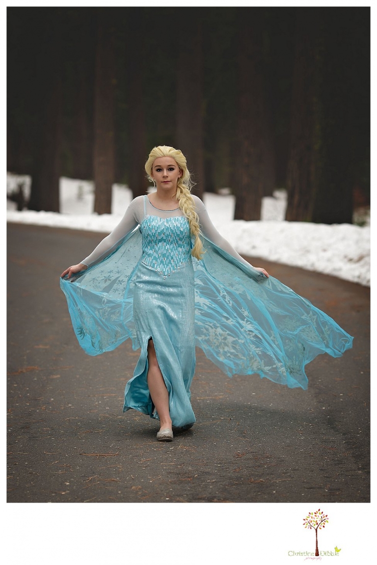 Sonora teen photographer Christine Dibble Photography takes snowy Elsa winter portraits to advertise for Fairytales and Friends.