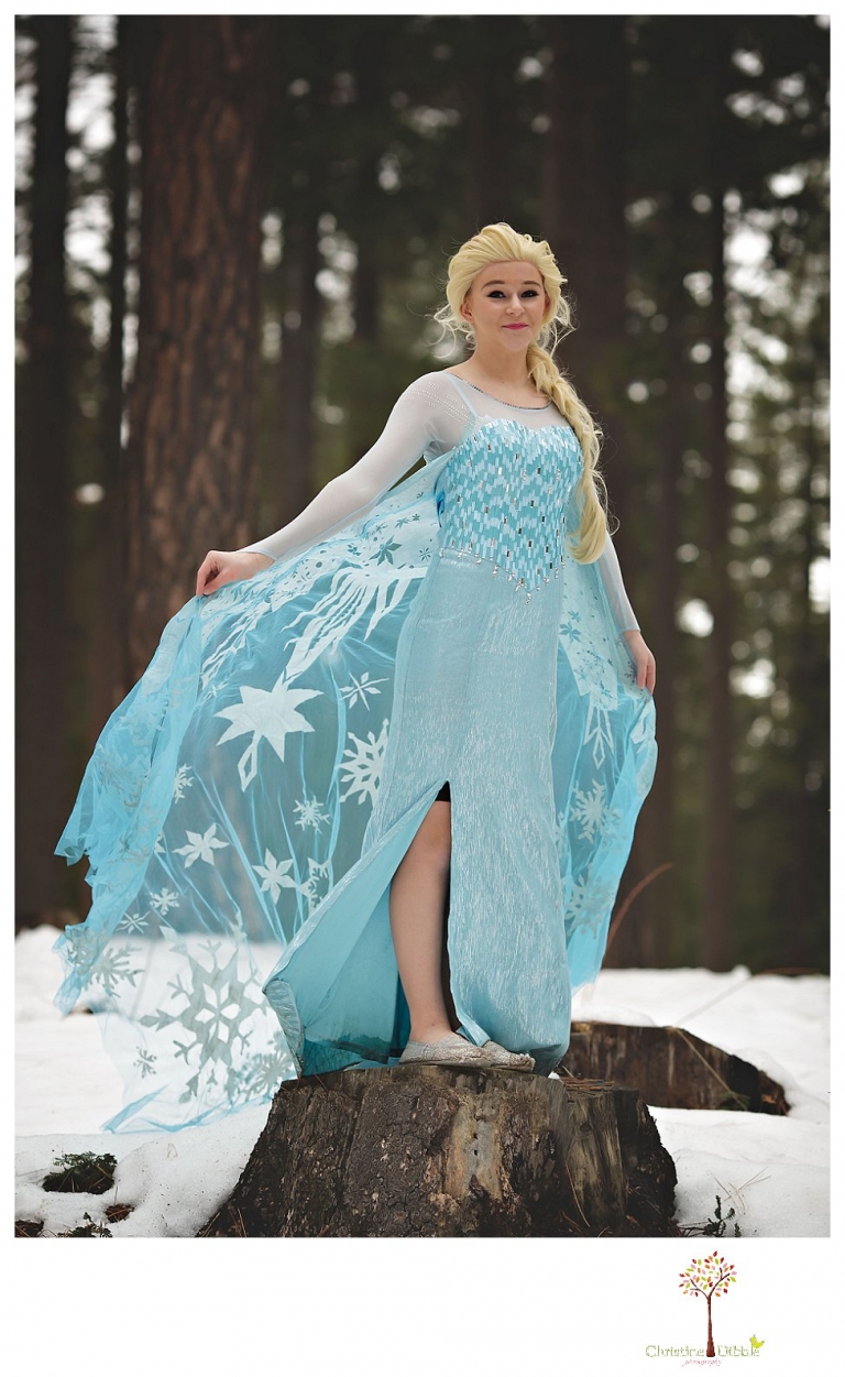 Sonora teen photographer Christine Dibble Photography takes snowy Elsa winter portraits to advertise for Fairytales and Friends.