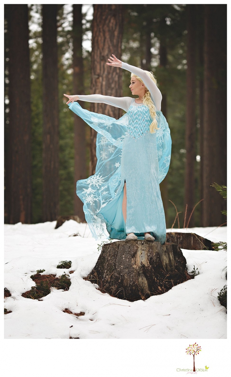 Sonora teen photographer Christine Dibble Photography takes snowy Elsa winter portraits to advertise for Fairytales and Friends.